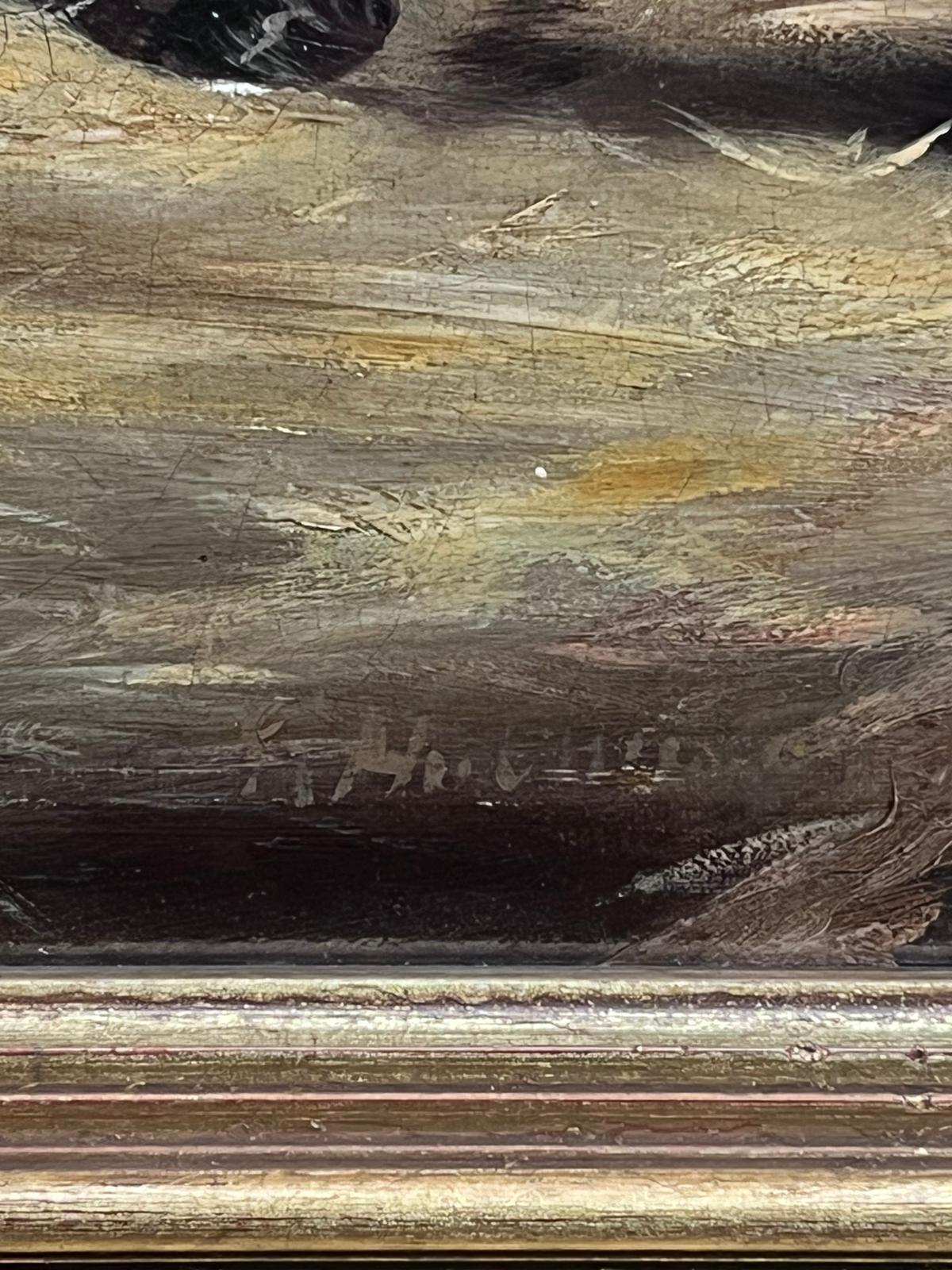 Grande peinture à l'huile britannique des années 1870, cheval en châtaignier dans une écurie 3
