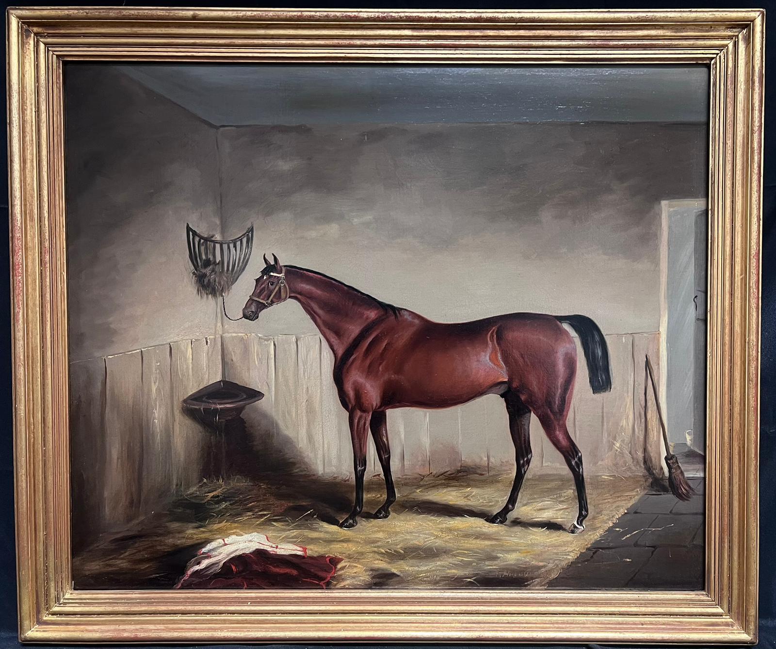 Animal Painting British Sporting Art - Grande peinture à l'huile britannique des années 1870, cheval en châtaignier dans une écurie