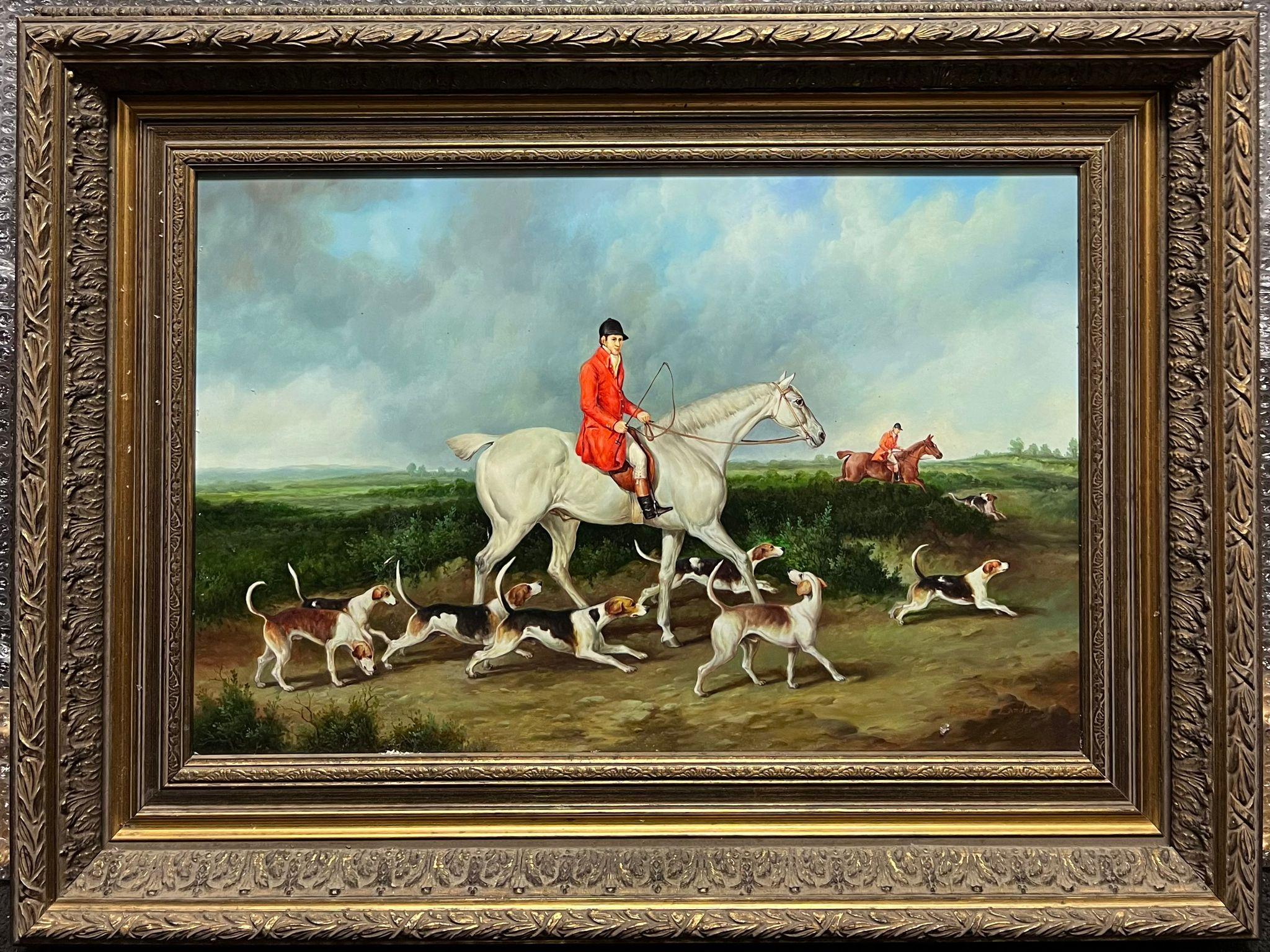 Fine peinture à l'huile britannique représentant des cavaliers à cheval et des chiens de chasse signés - Painting de British Sporting Art