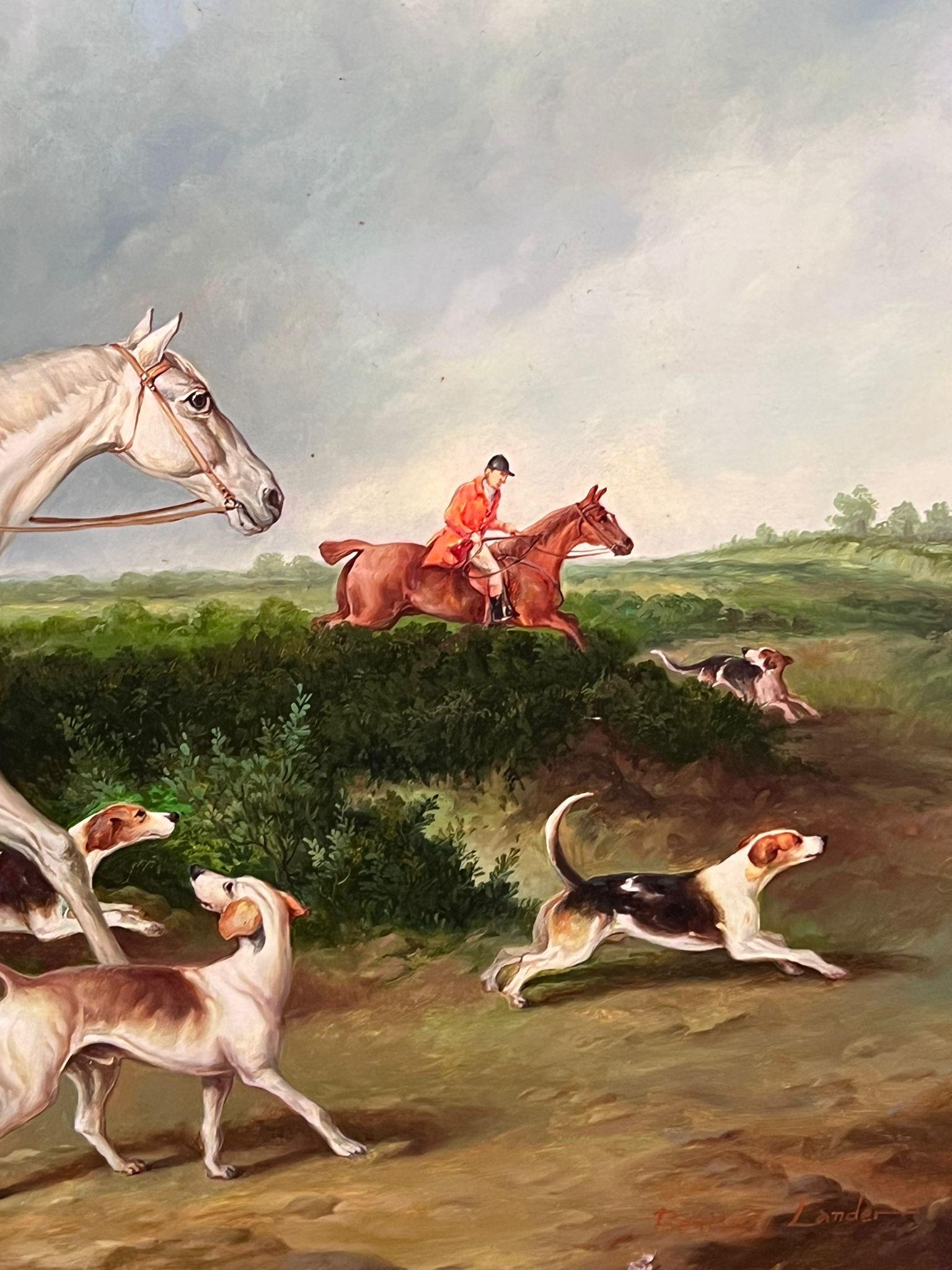 Fine British Hunting Scene Riders on Horseback with Hounds signed oil painting - English School Painting by British Sporting Art