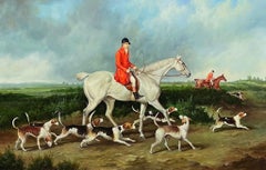 Fine peinture à l'huile britannique représentant des cavaliers à cheval et des chiens de chasse signés