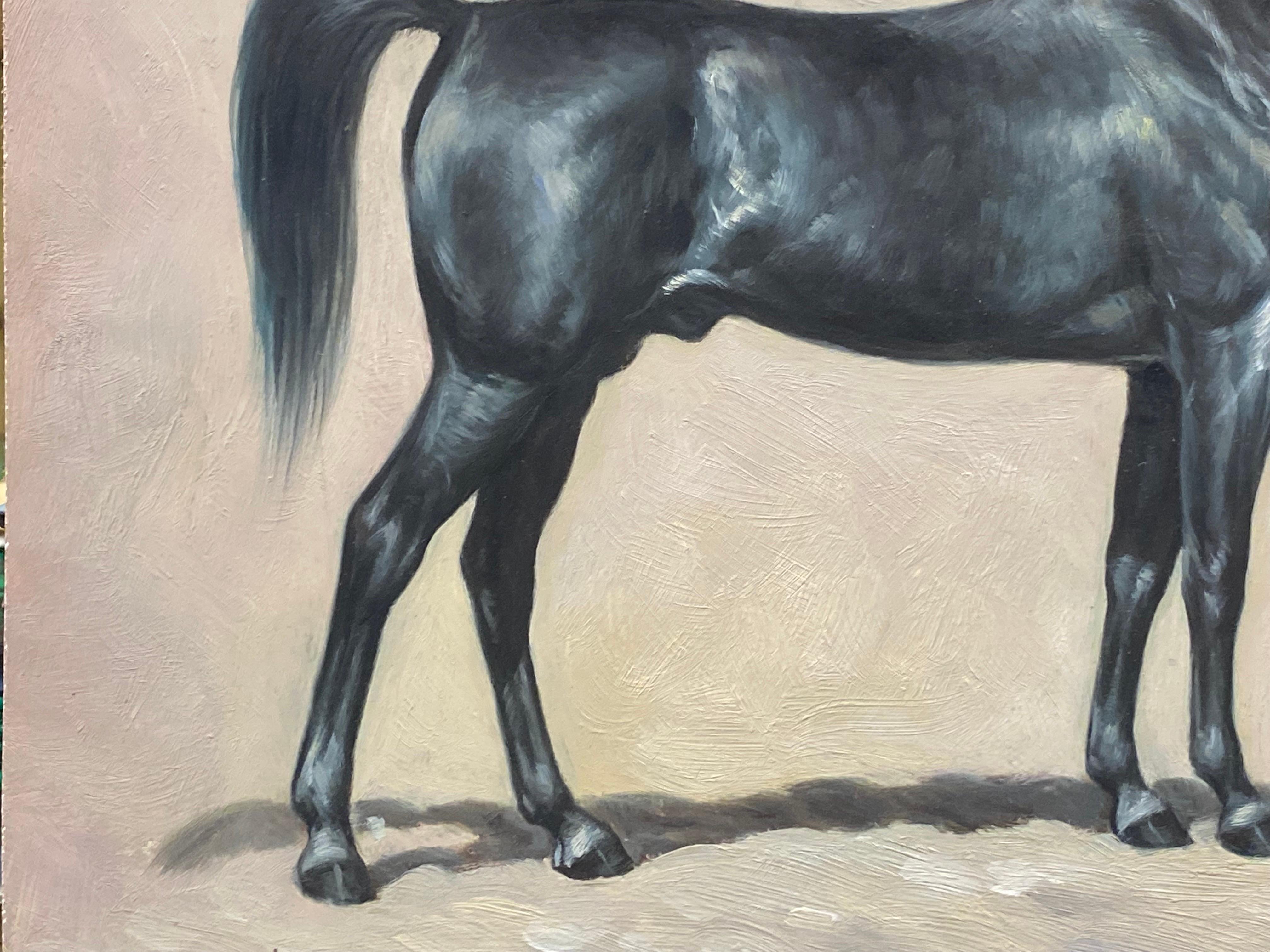 Fino Retrato Ecuestre de Caballo Pintura al Óleo Británica - Caballo de pie - Landscape Painting Gris de British Sporting Art