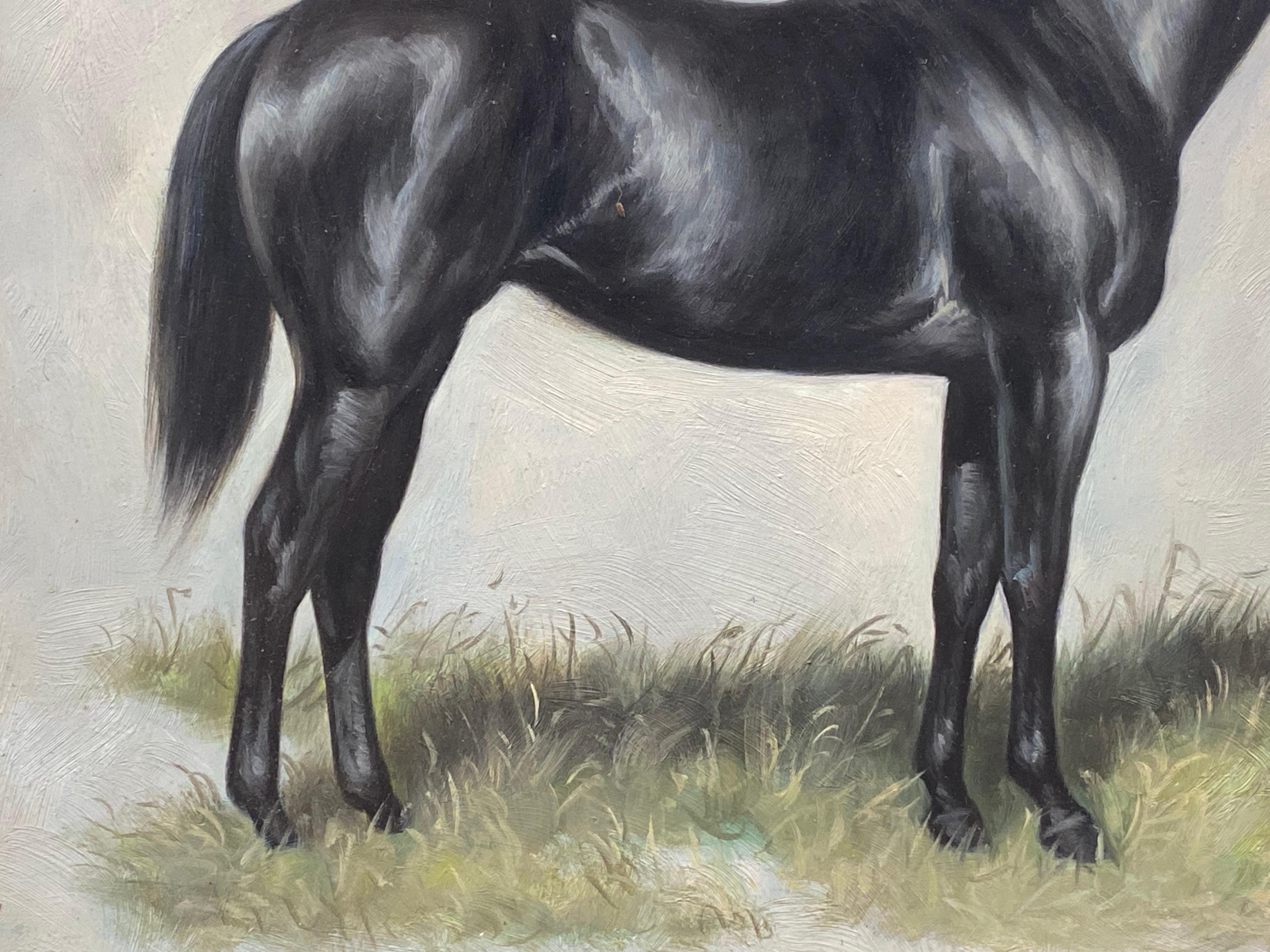 Peinture à l'huile britannique d'un portrait de cheval équestre - Cheval debout - Gris Landscape Painting par British Sporting Art