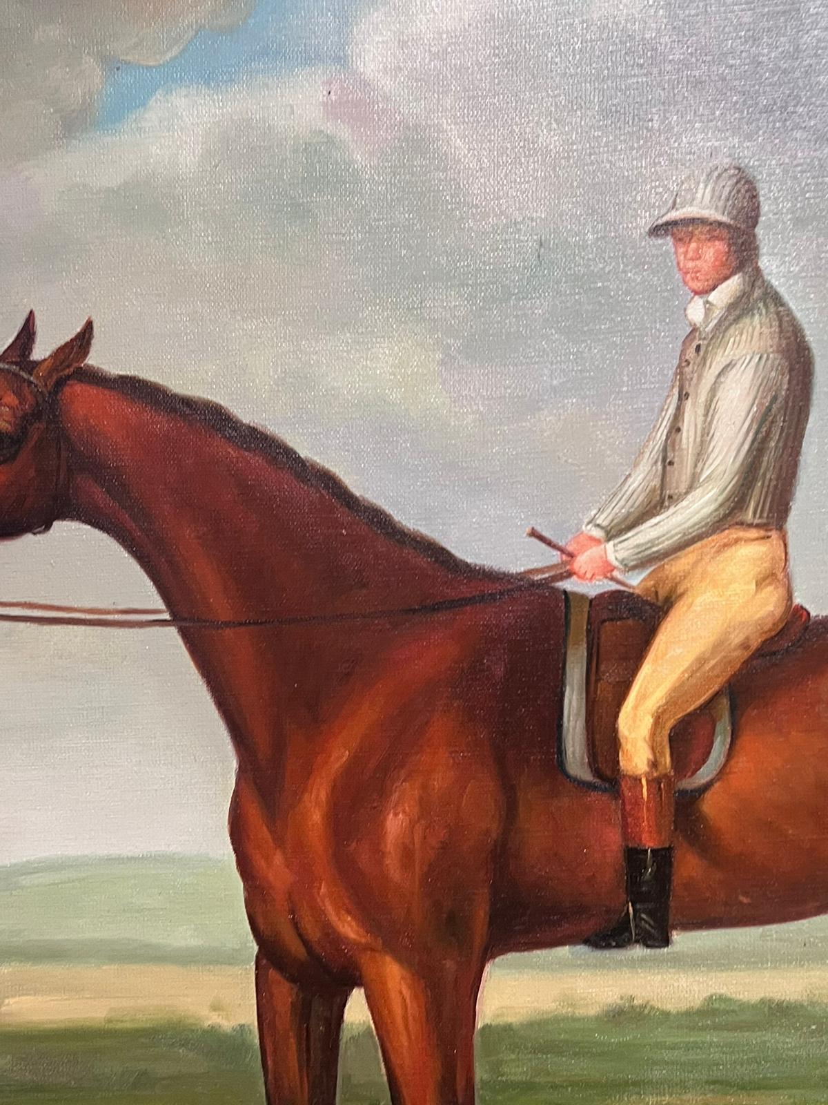 Large British Sporting Oil Painting Jockey on Racehorse in Landscape Gilt Frame For Sale 8