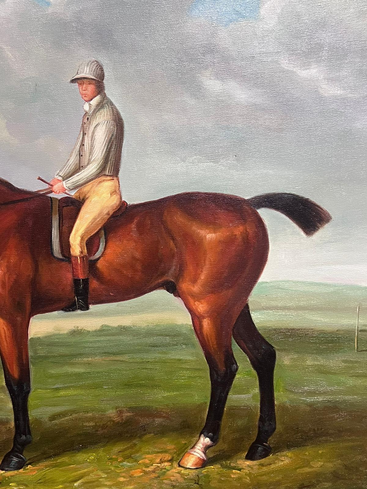 Large British Sporting Oil Painting Jockey on Racehorse in Landscape Gilt Frame For Sale 9