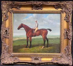 Grande peinture à l'huile britannique représentant Jockey sur cheval de course dans un cadre doré de paysage