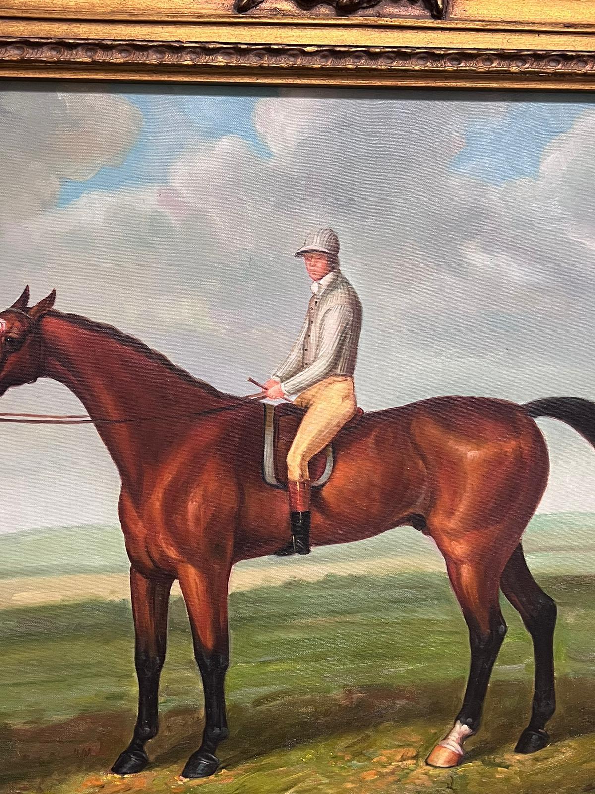 Large British Sporting Oil Painting Jockey on Racehorse in Landscape Gilt Frame For Sale 1