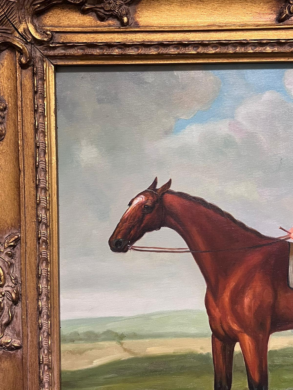 Large British Sporting Oil Painting Jockey on Racehorse in Landscape Gilt Frame For Sale 1