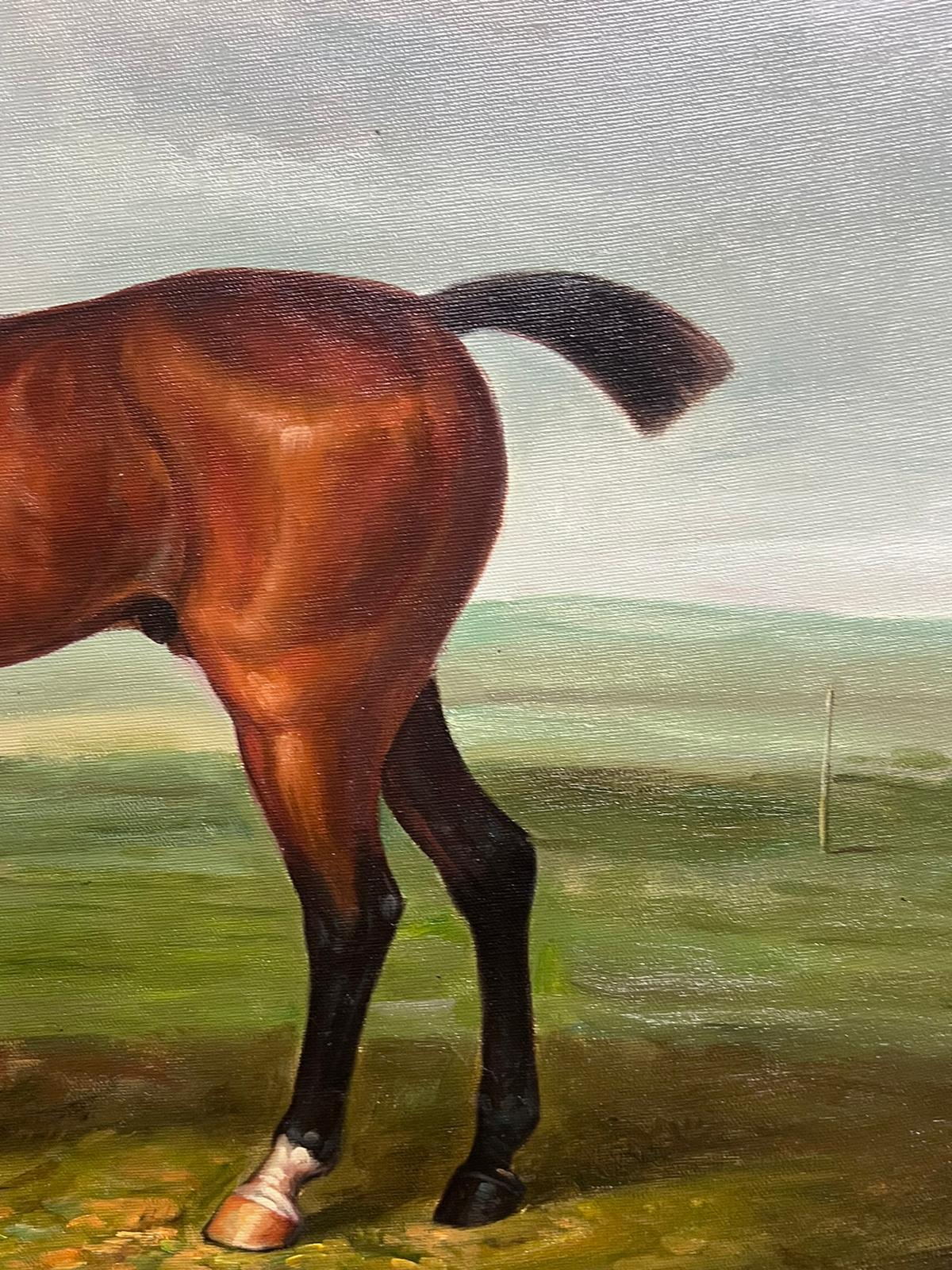 Large British Sporting Oil Painting Jockey on Racehorse in Landscape Gilt Frame For Sale 4