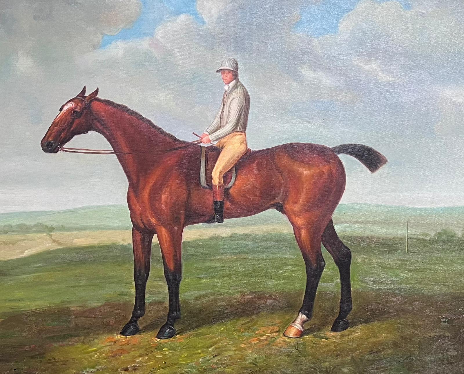 Gran óleo deportivo británico Jockey sobre caballo de carreras en paisaje Marco dorado