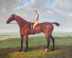 Grande peinture à l'huile britannique représentant Jockey sur cheval de course dans un cadre doré de paysage