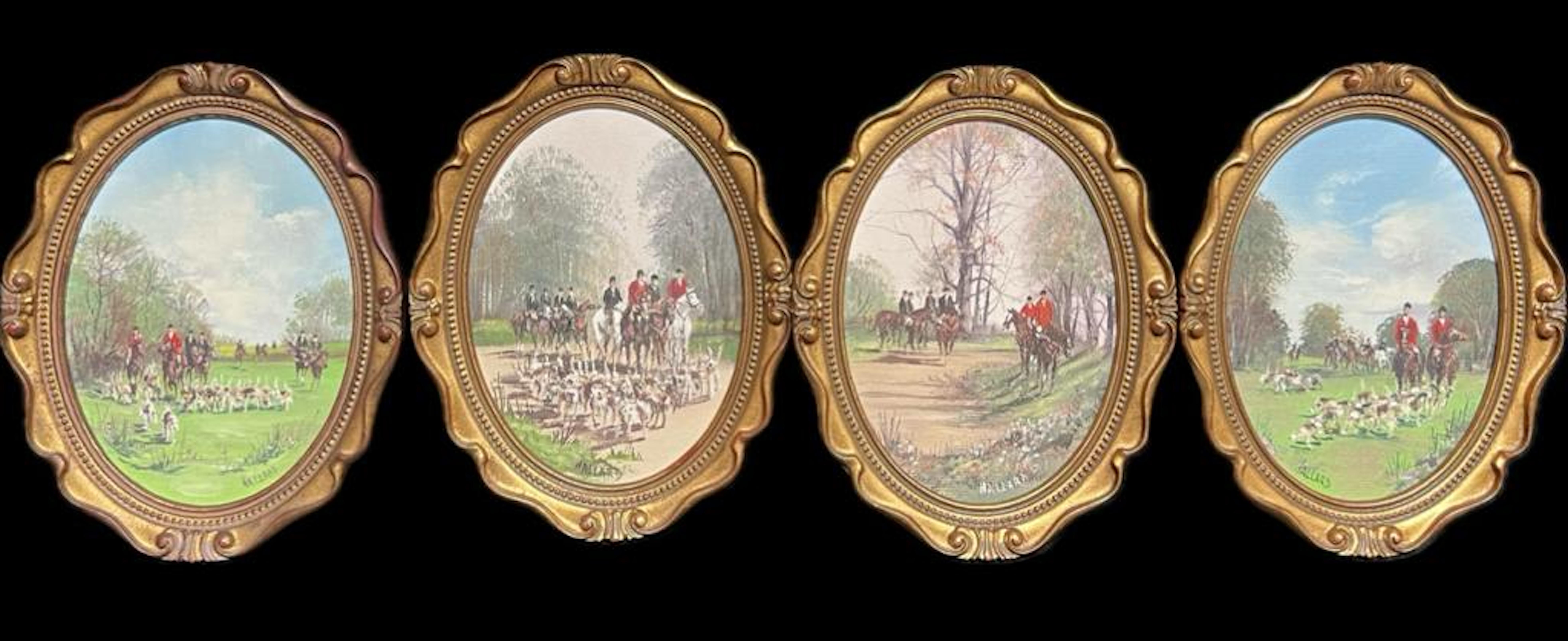 British Sporting Art Figurative Painting - Set of 4 Hunting Scenes British Oil Paintings Signed - 4 x original paintings