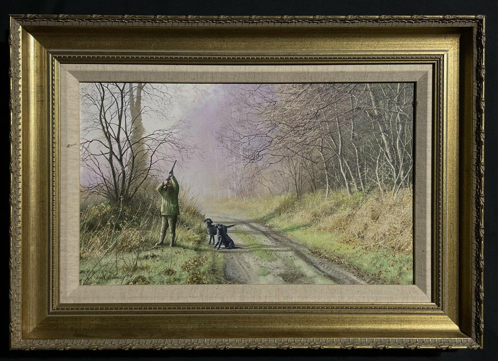 Sportsman Pheasant Shooting in Woods with Two Black Labradors, signed oil - Painting by British Sporting Art