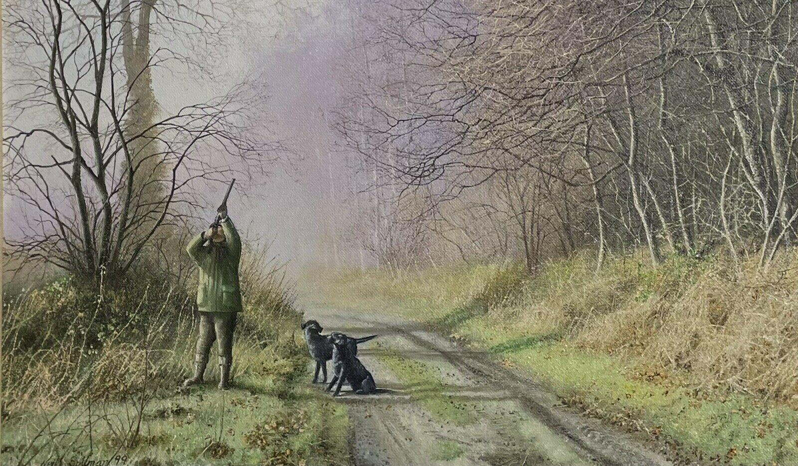 British Sporting Art Figurative Painting - Sportsman Pheasant Shooting in Woods with Two Black Labradors, signed oil