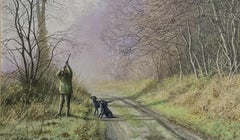 Vintage Sportsman Pheasant Shooting in Woods with Two Black Labradors, signed oil