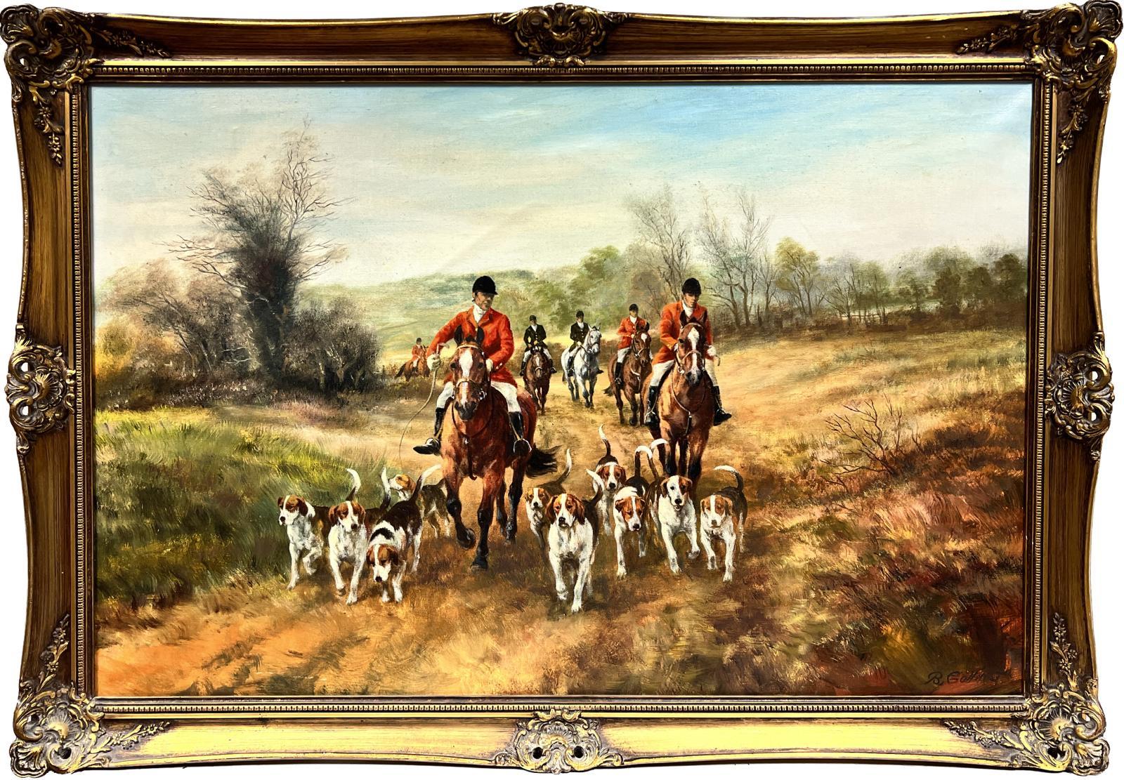 The Hunting Party Riders on Horseback with Pack of Hounds Large Signed Oil - Painting by British Sporting Art
