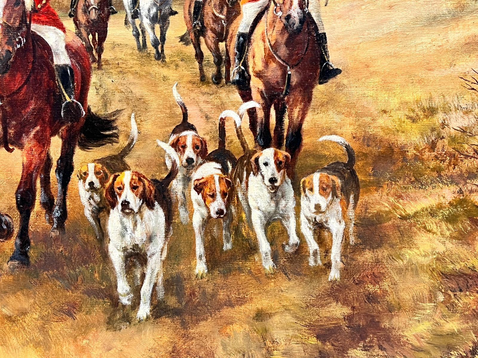 The Hunting Party Riders on Horseback with Pack of Hounds Large Signed Oil - Victorian Painting by British Sporting Art