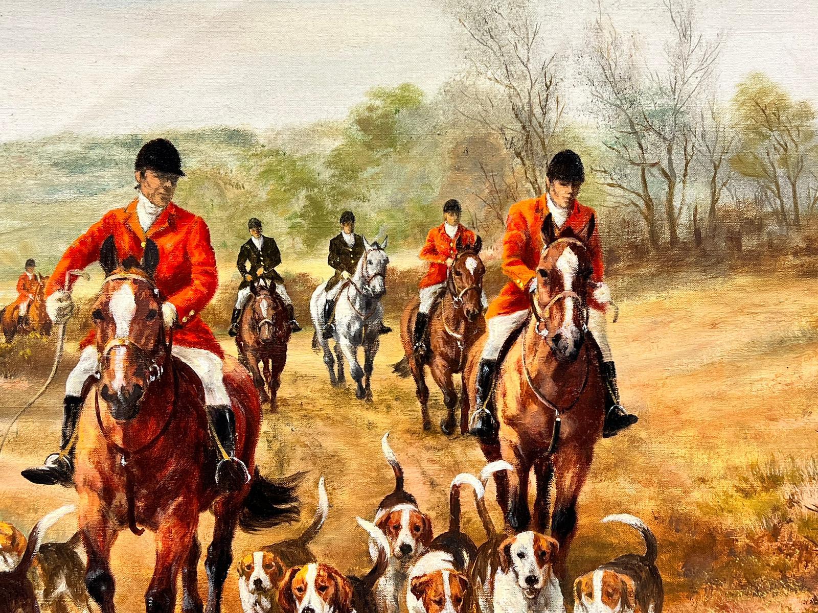 Grande huile signée « The Hunting Party Riders on Horseback with Pack of Hounds » (Les chevaux à cheval au dos) 2