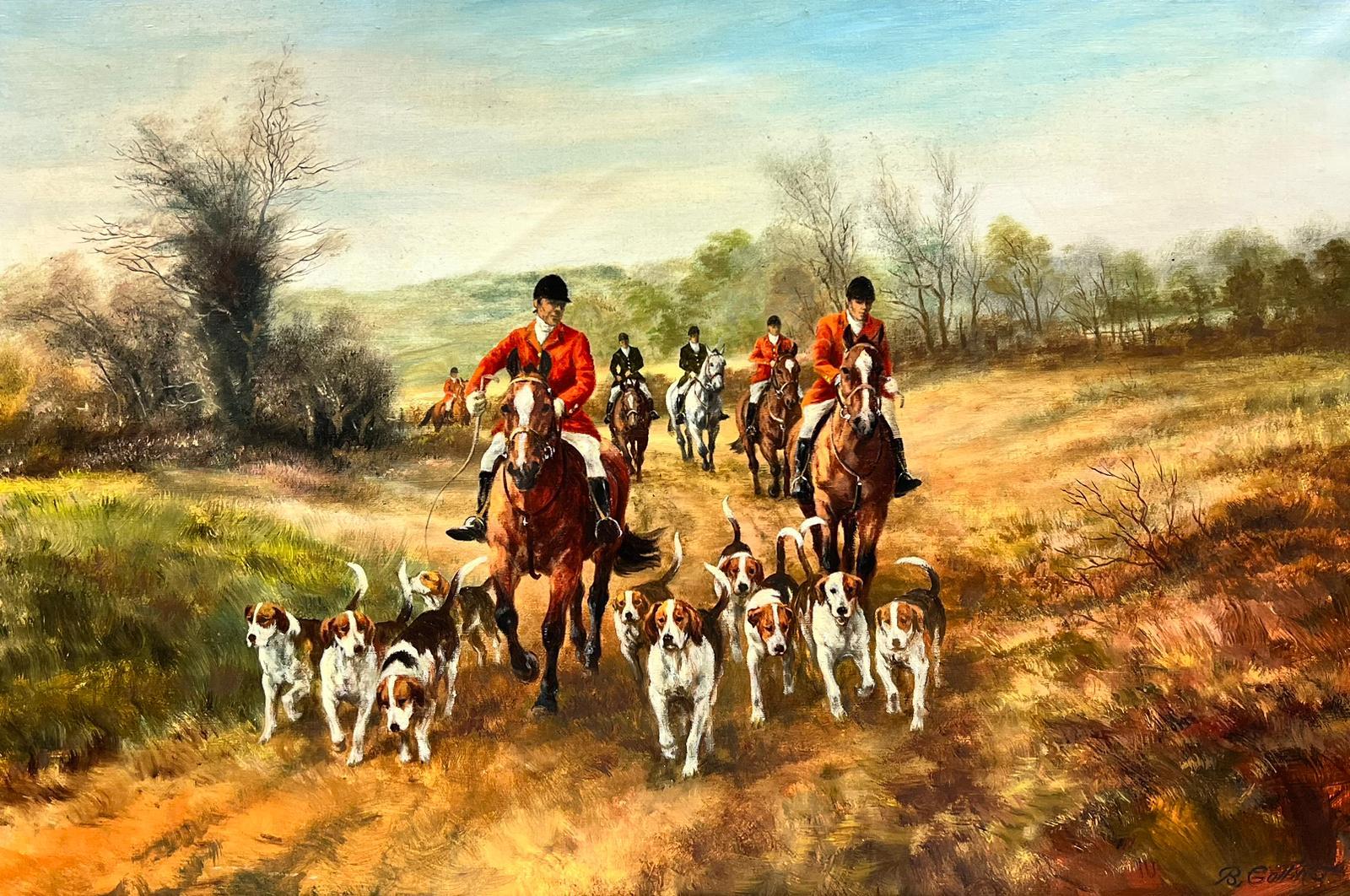 British Sporting Art Animal Painting - The Hunting Party Riders on Horseback with Pack of Hounds Large Signed Oil