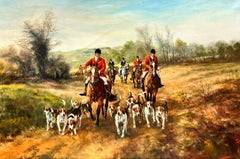 The Hunting Party Riders on Horseback with Pack of Hounds Large Signed Oil