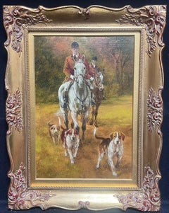 Vintage The Huntsman on Horseback with Hounds English Sporting Oil Painting on Canvas