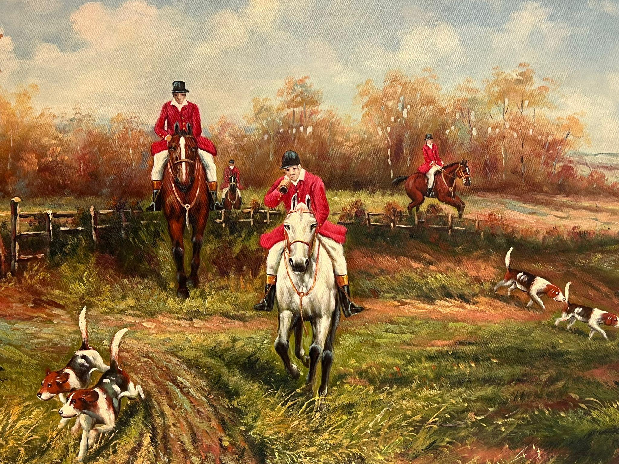 Very Large Classic British Fox Hunting Country Landscape Signed Oil Painting - Brown Figurative Painting by Unknown