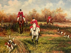 Very Large Classic British Fox Hunting Country Landscape Signed Oil Painting