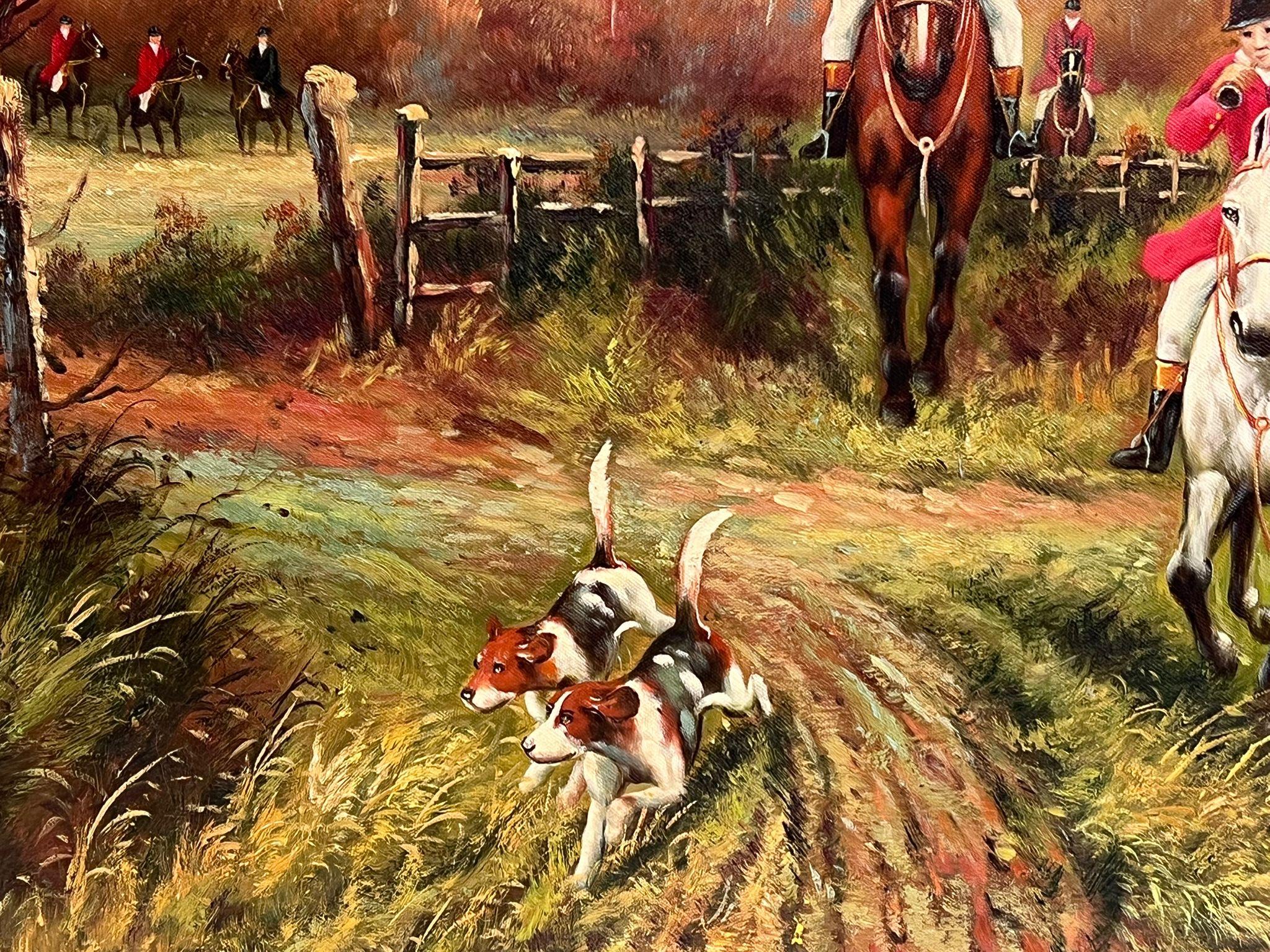 Pittura ad olio firmata molto grande, classica caccia alla volpe inglese, paesaggio di campagna - Painting Vittoriano di Unknown