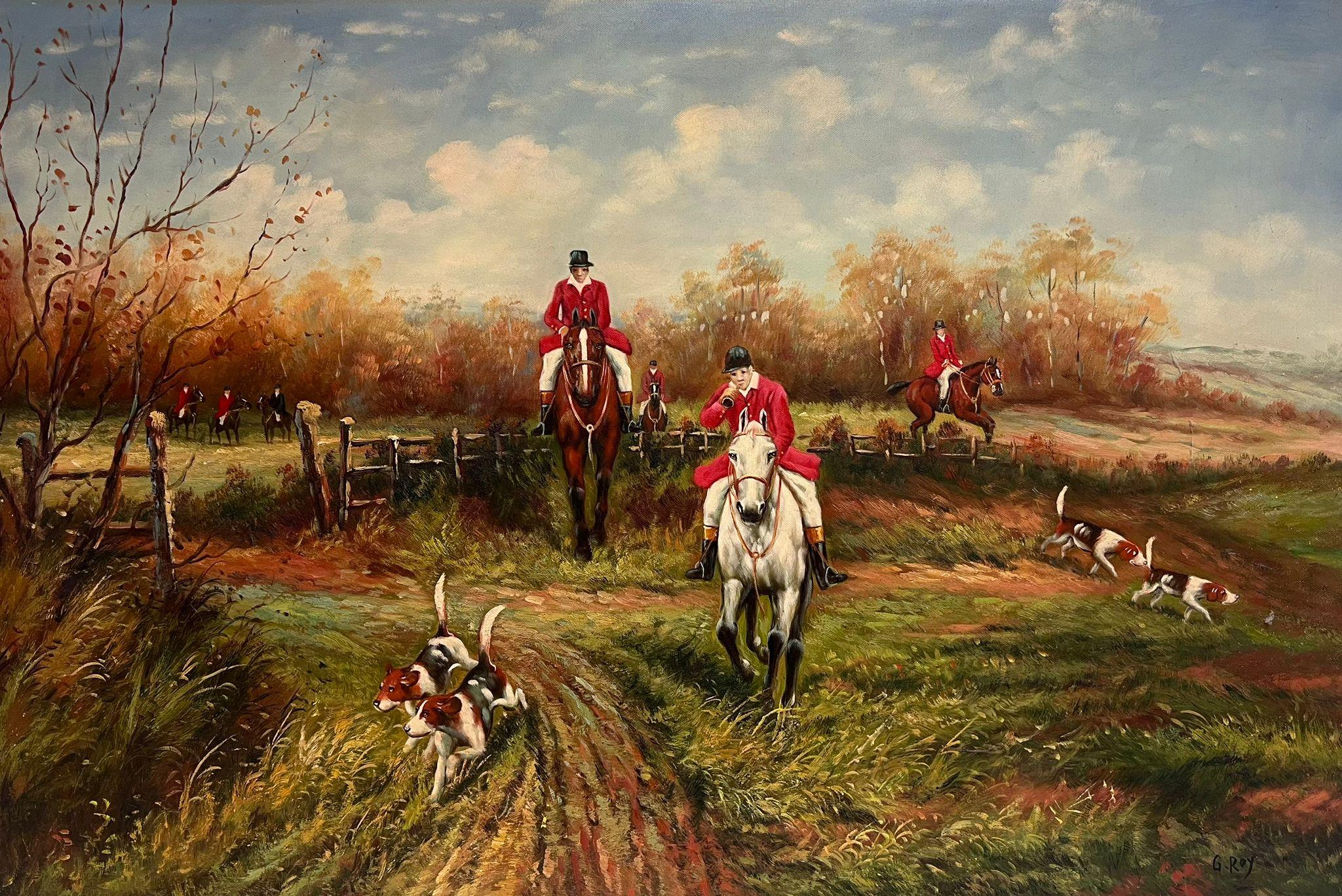 Unknown Figurative Painting - Very Large Classic British Fox Hunting Country Landscape Signed Oil Painting