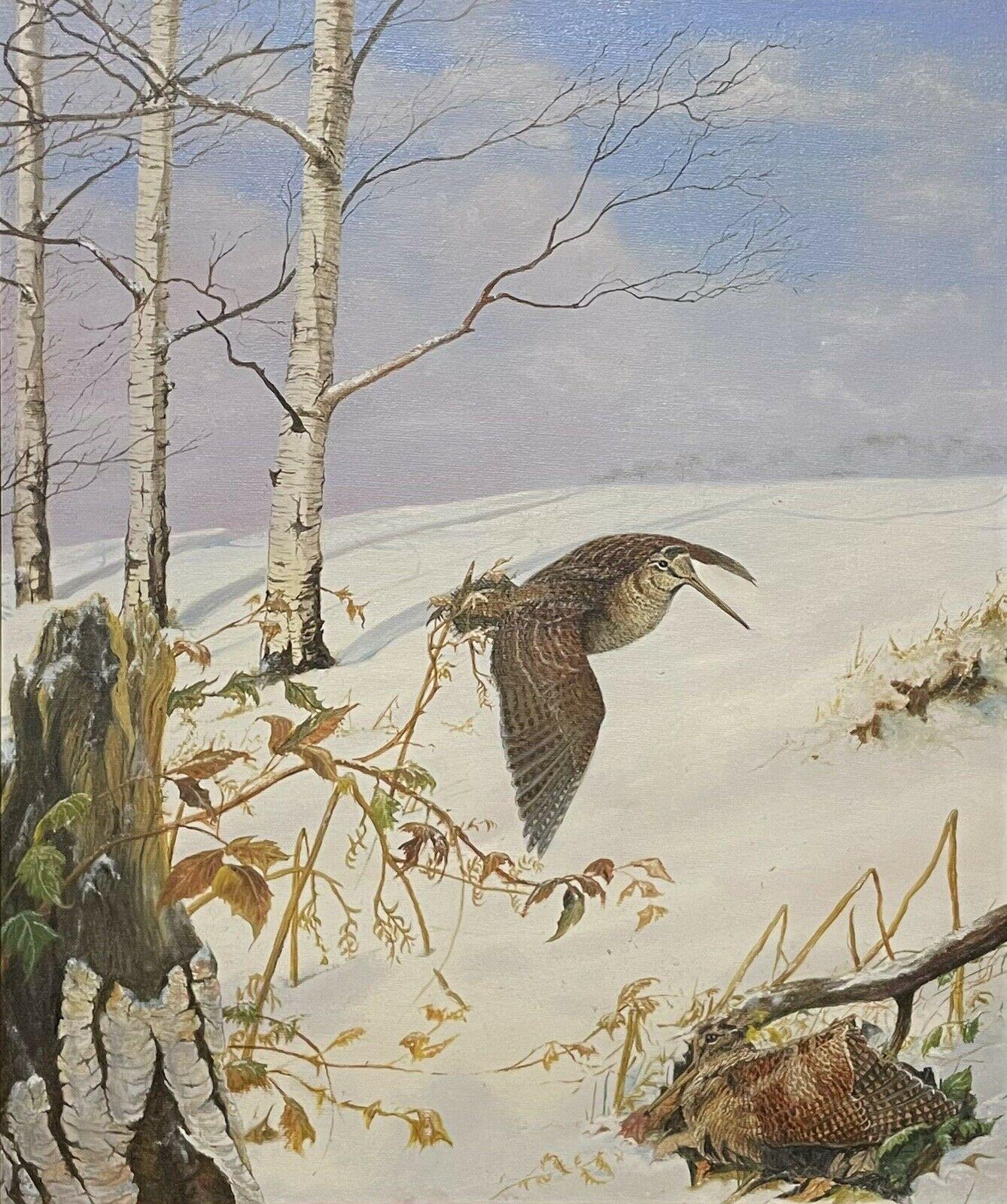 Artist/ School: British School, signed with monogram, 20th century

Title: Woodcock/ Snipe in flight over winter snow landscape

Medium:  signed oil painting on board, framed.

framed: 29 x 25 inches
board: 24 x 20  inches  

Provenance: private