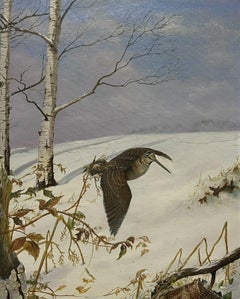 Vintage Woodcock/ Snipe in Winter Snow Landscape, British Sporting Art oil painting