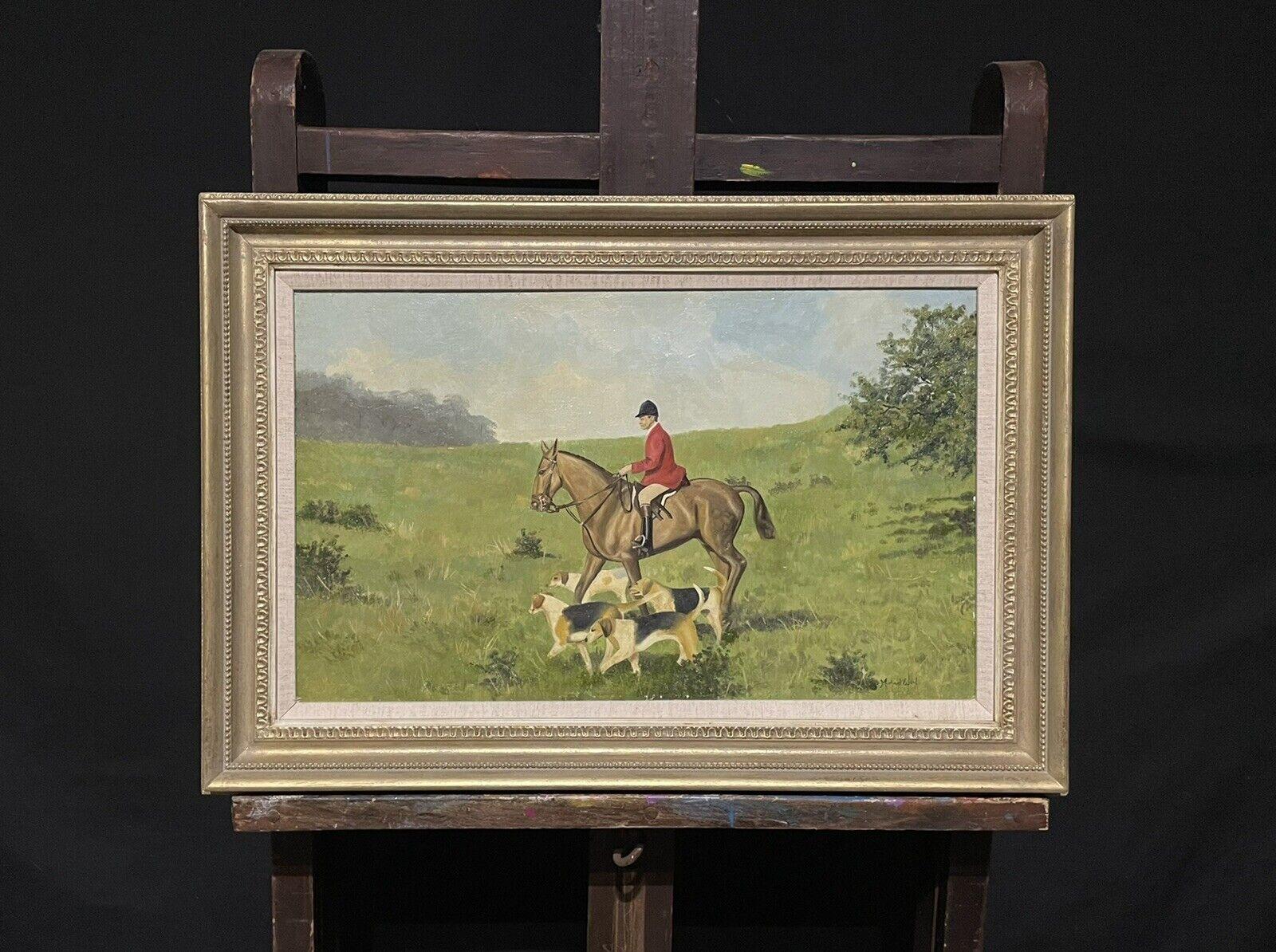 Artist/ School: British School, mid 20th century, signed lower corner

Title: Huntsman on horseback with hounds. 

Medium: oil painting on canvas, framed.

Size:

framed:   18  x  26 inches
canvas:   13 x 21  inches

Provenance: private collection,