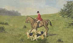 Retro Large British Sporting Art Oil Painting - Huntsman on Horseback with Hounds