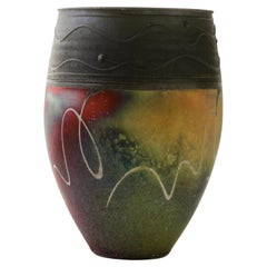 British Studio Pottery Pink, Red & Green Raku Vase or Pot by John Wheeldon, 1996