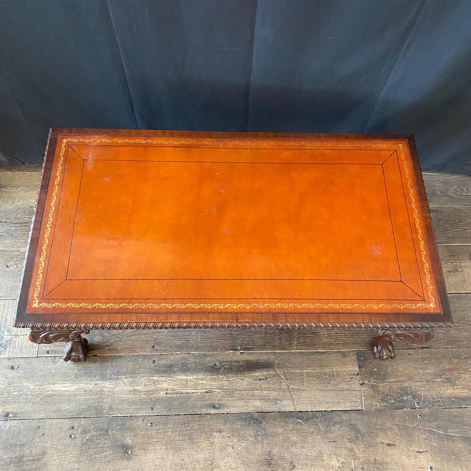 American  British Style Ball and Claw Foot Mahogany Coffee Table & Embossed Leather Top For Sale