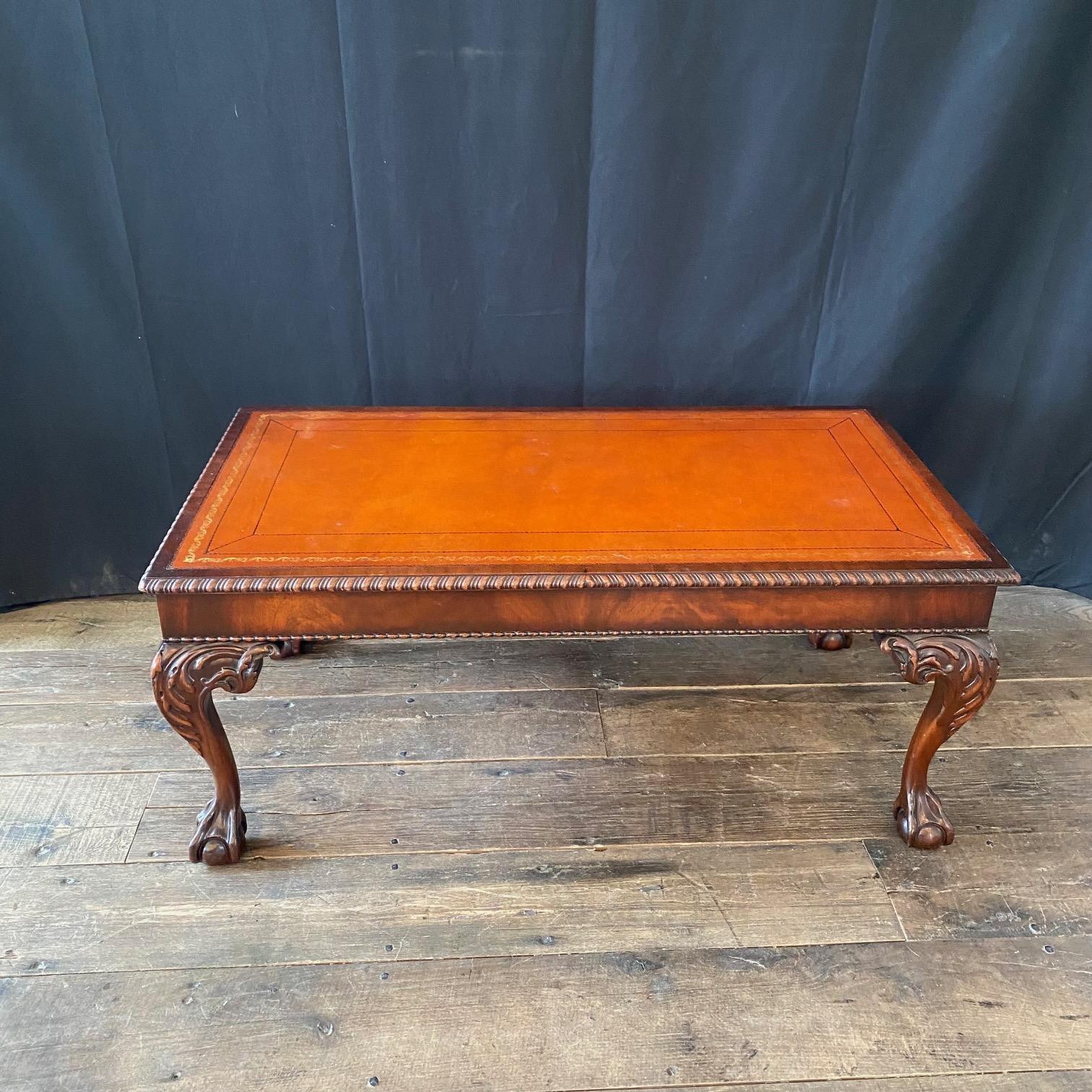 Mid-20th Century  British Style Ball and Claw Foot Mahogany Coffee Table & Embossed Leather Top For Sale