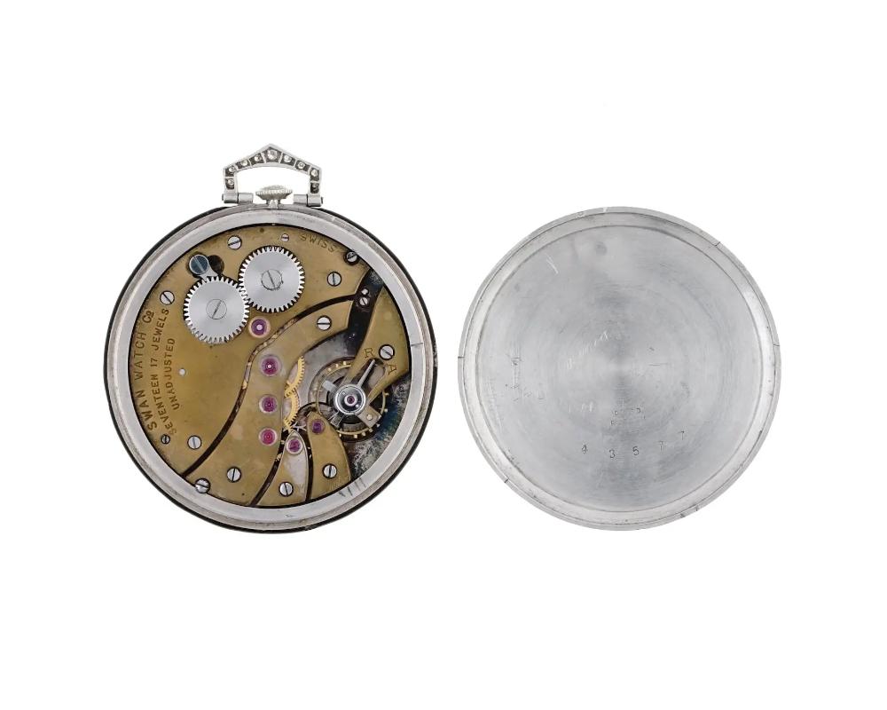 Art Deco British Swan Platinum Diamond Enamel Pocket Watch