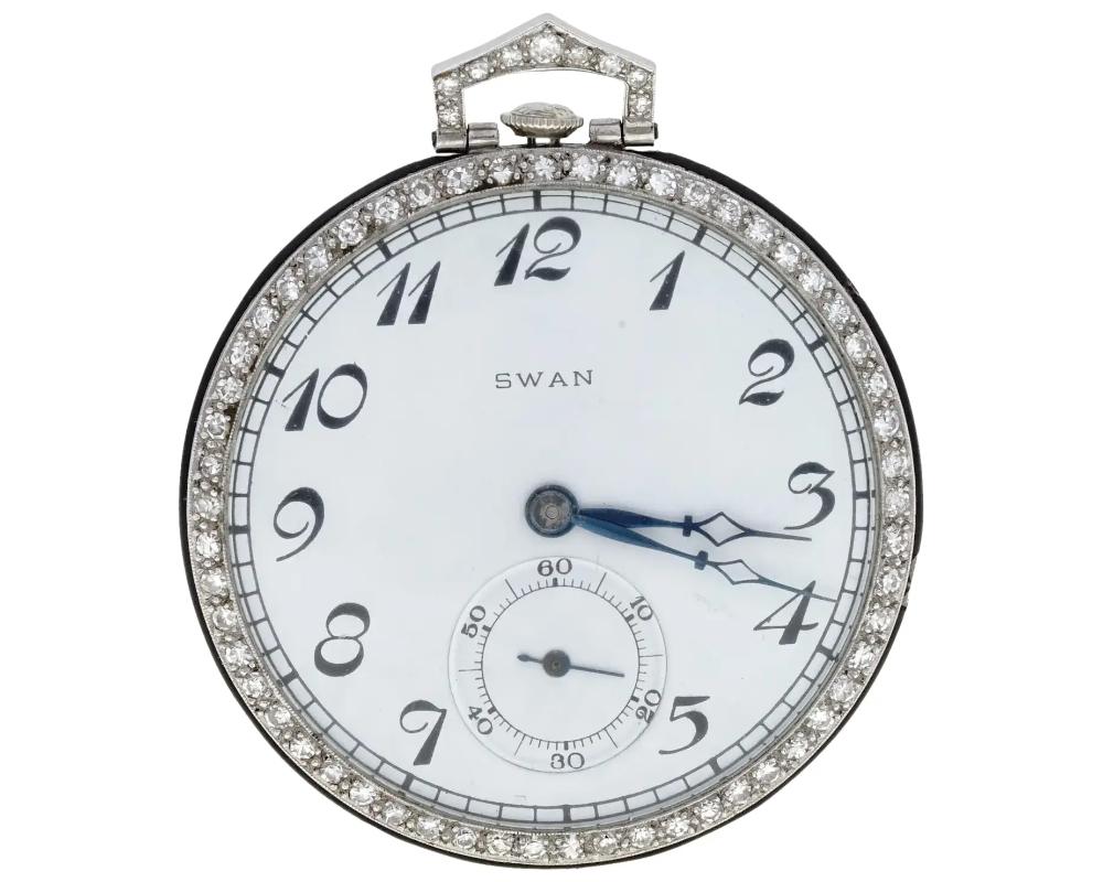 British Swan Platinum Diamond Enamel Pocket Watch