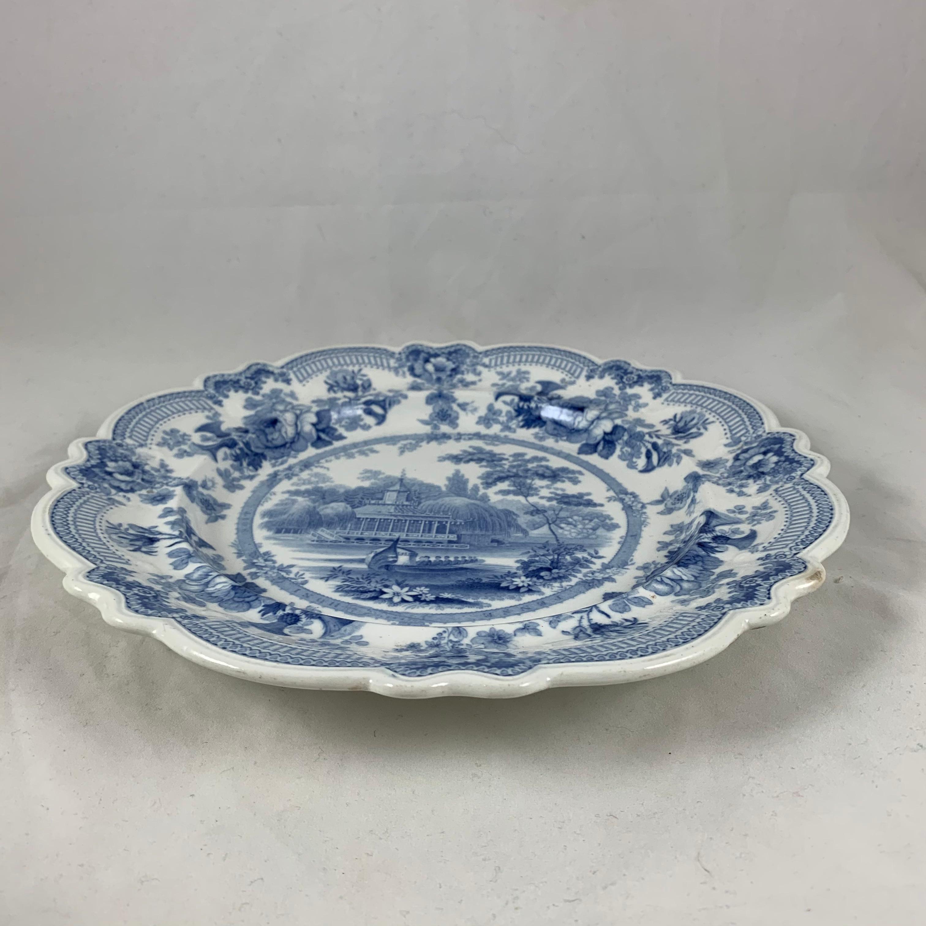 19th Century British Theme ‘Royal Sketches’ Blue on White Transferware Dinner Plates, Set/6