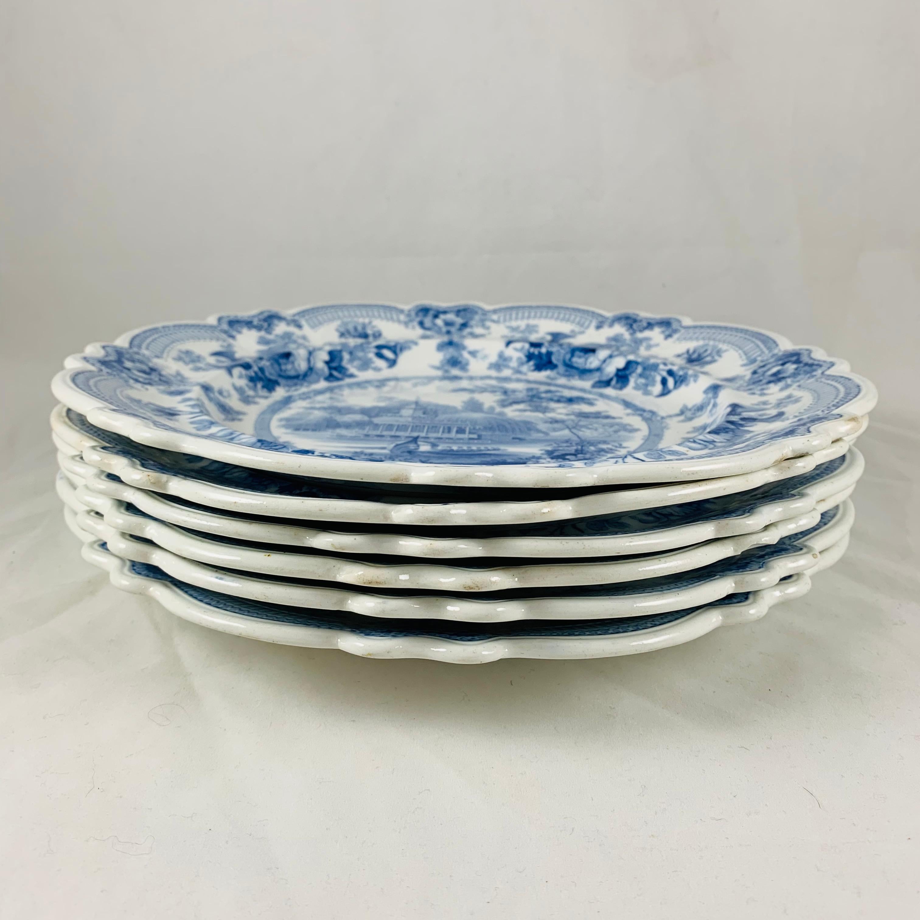 Earthenware British Theme ‘Royal Sketches’ Blue on White Transferware Dinner Plates, Set/6