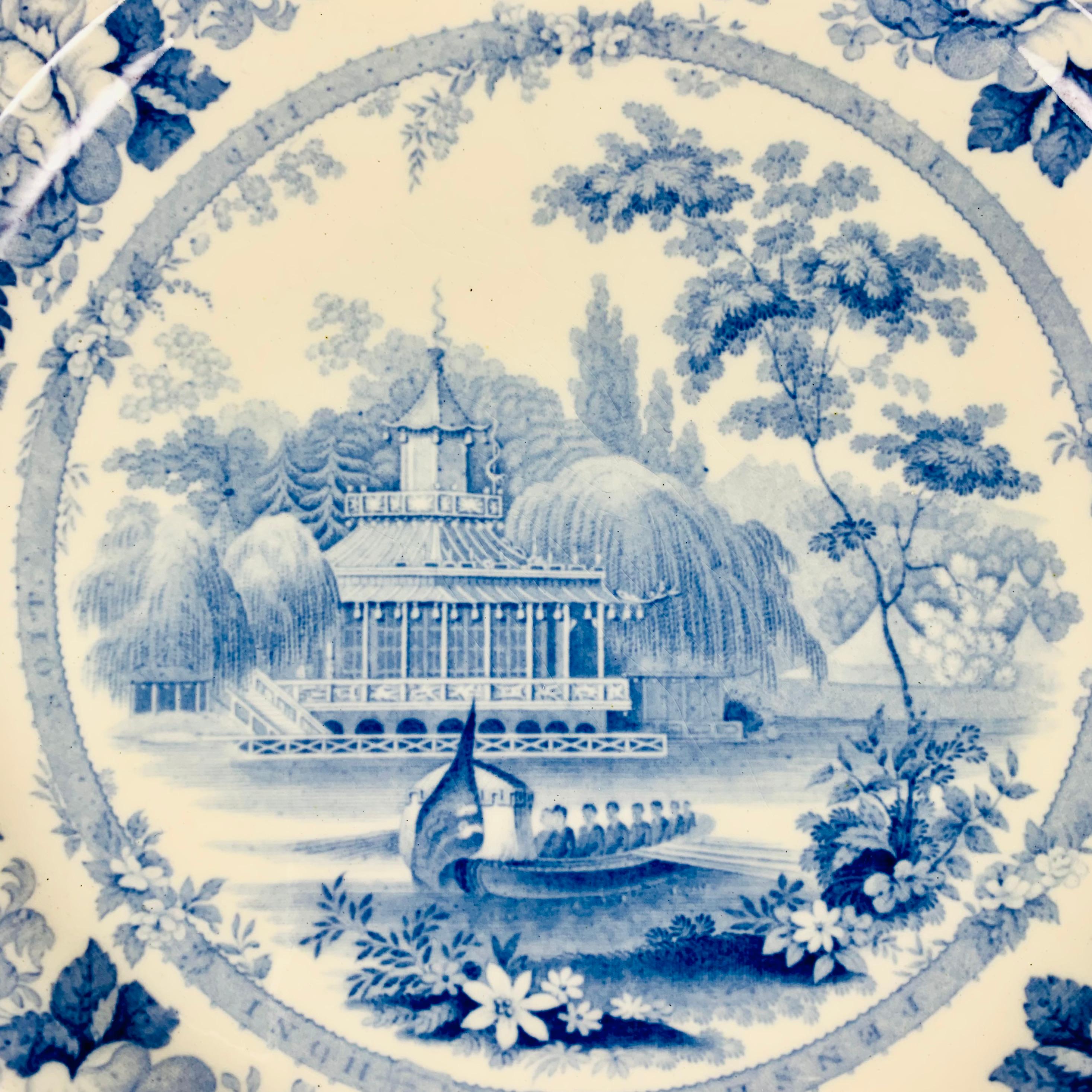A set of six British Romantic themed transfer printed dinner plates in the pattern known as ‘Royal Sketches.’, circa mid-19th century, Staffordshire, England.

The center image shows the Fishing Temple at Virginia Water. The fishing temple was
