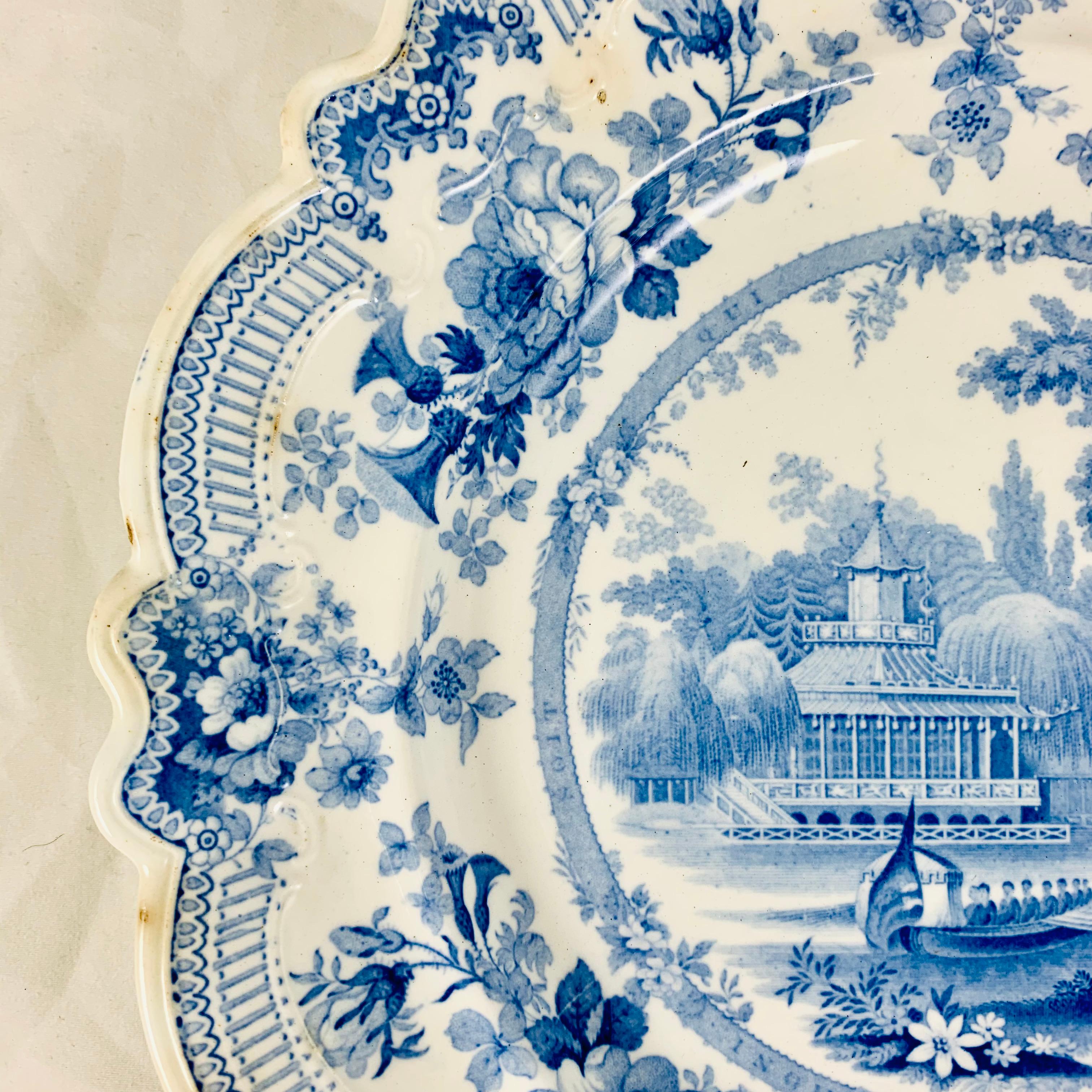 Georgian British Theme ‘Royal Sketches’ Blue on White Transferware Dinner Plates, Set/6