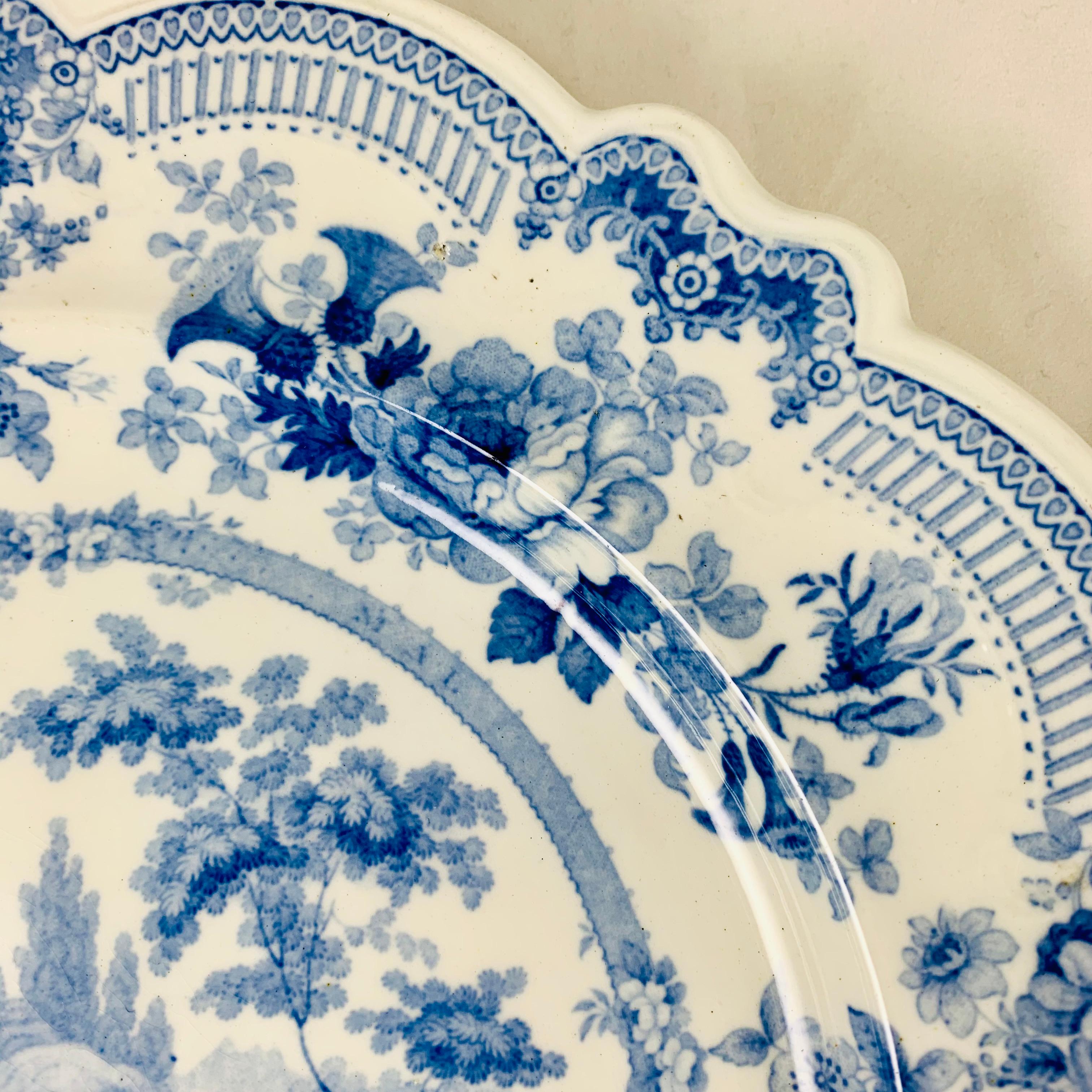 English British Theme ‘Royal Sketches’ Blue on White Transferware Dinner Plates, Set/6