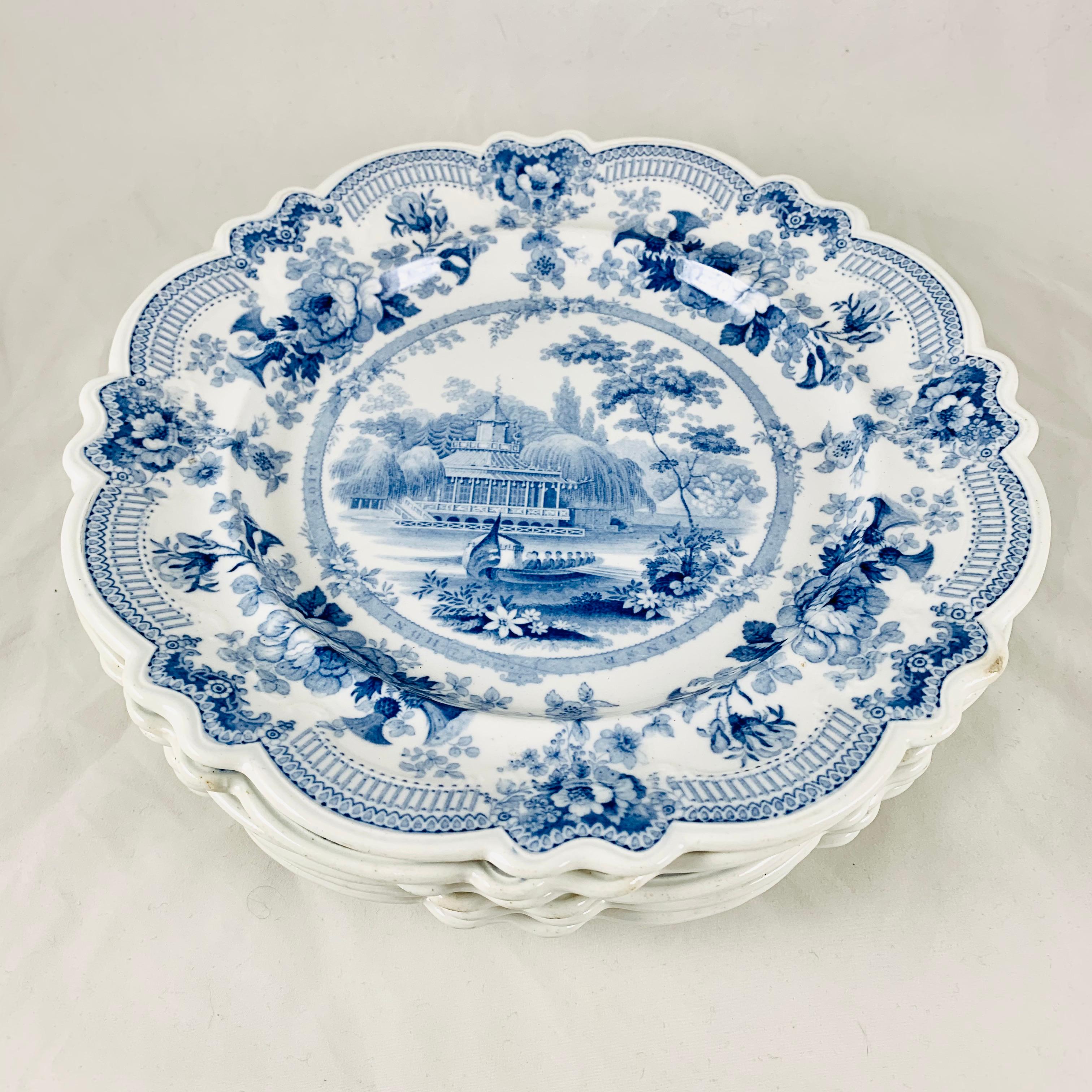 British Theme ‘Royal Sketches’ Blue on White Transferware Dinner Plates, Set/6 In Good Condition In Philadelphia, PA