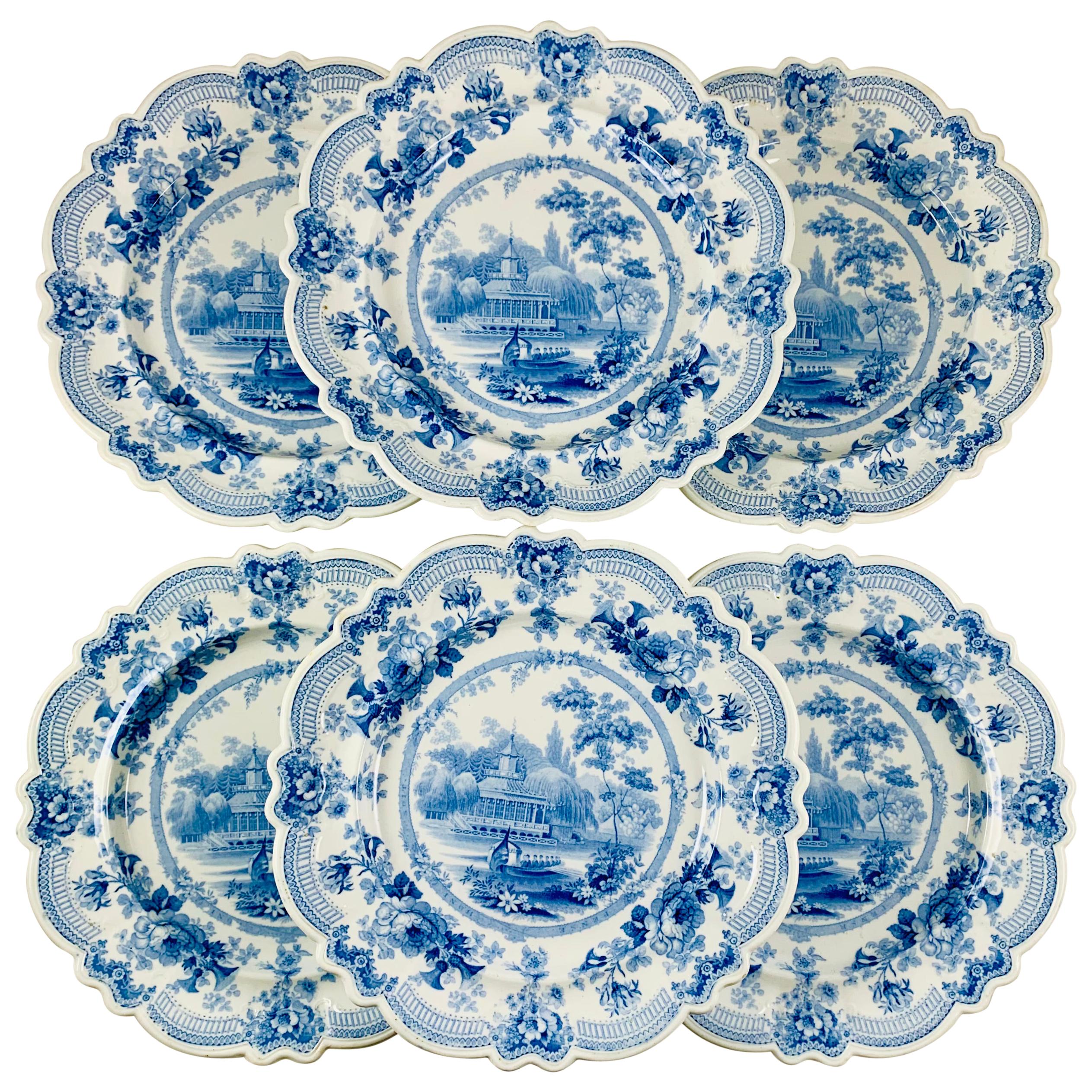 British Theme ‘Royal Sketches’ Blue on White Transferware Dinner Plates, Set/6