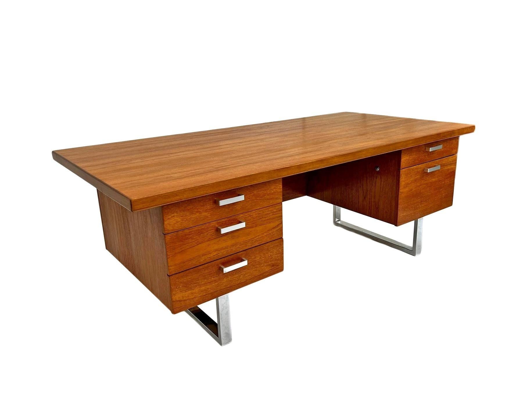 A beautiful British teak and chrome ‘Prestige’ collection writing desk designed by Trevor Chinn and Ray Leigh for Gordon Russell in the 1970s, this would make a stylish addition to any work area. A striking piece of classically designed midcentury
