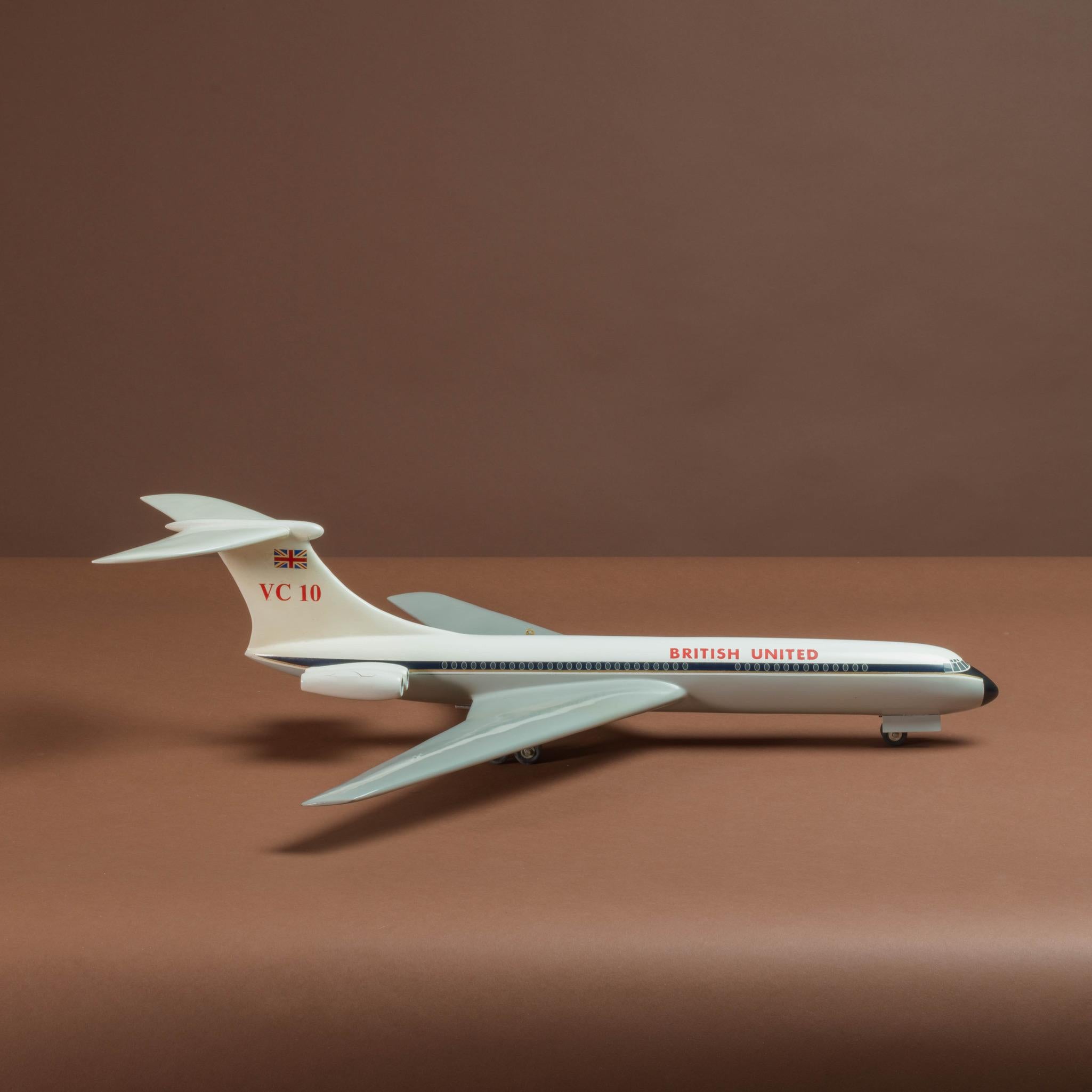 A rare 1960's scale model of a Vickers VC10 in British United Airways livery mounted on original stand and with original wooden case.

The Vickers VC10 was a long-range British airliner designed and built by Vickers-Armstrongs, and first flown in