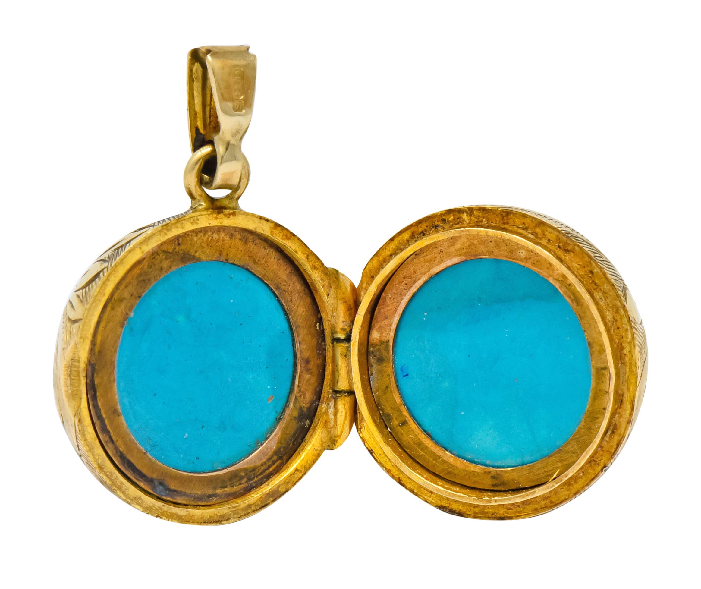 Locket designed as a ball with deeply hand engraved foliate motif throughout

Opens on a hinge to reveal two covered recessed areas

Completed by ribbed bale

With maker's mark and British hallmarks for 9 karat gold, Birmingham, and circa