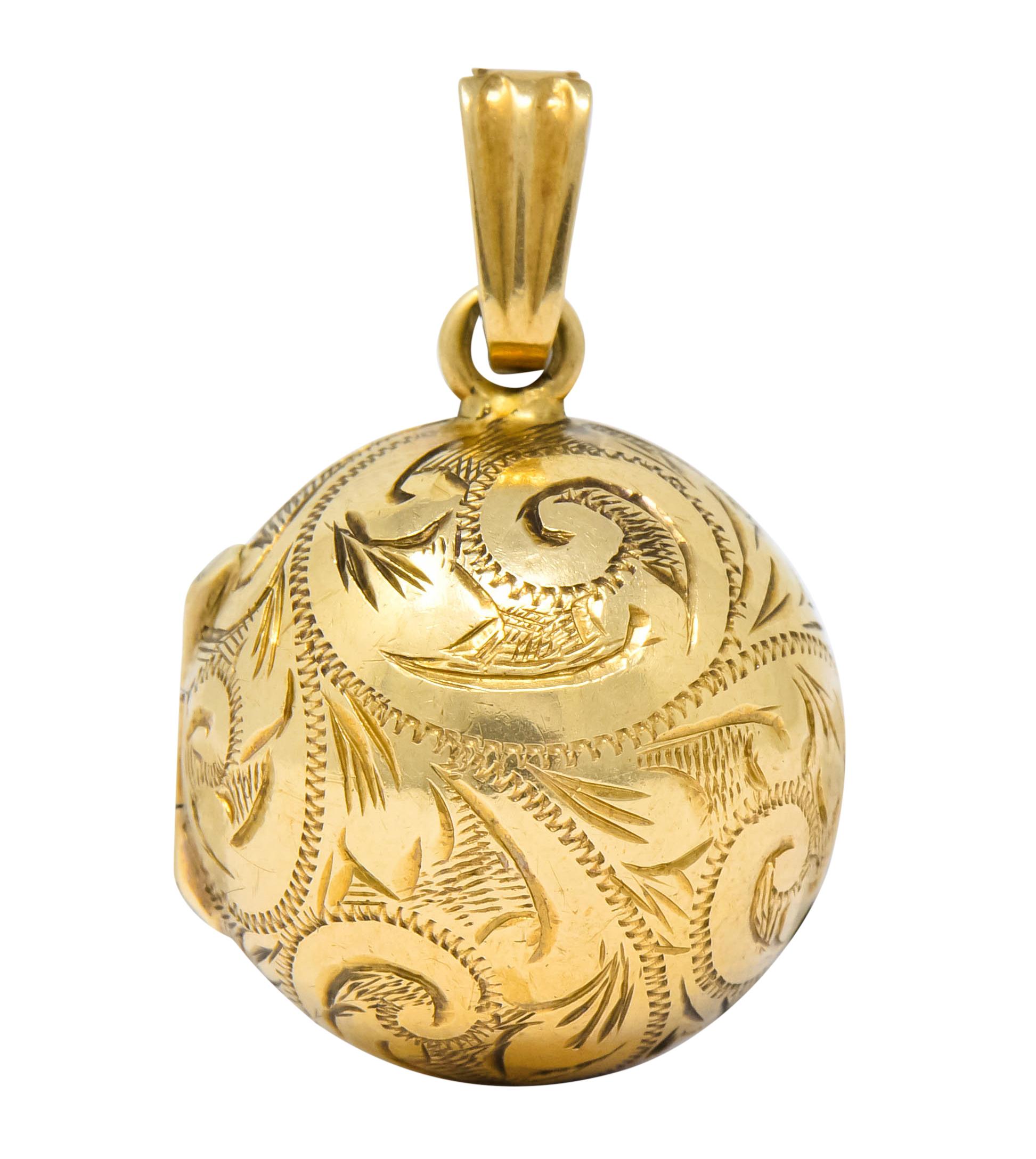British Victorian 9 Karat Yellow Gold Engraved Ball Locket Pendant In Excellent Condition In Philadelphia, PA