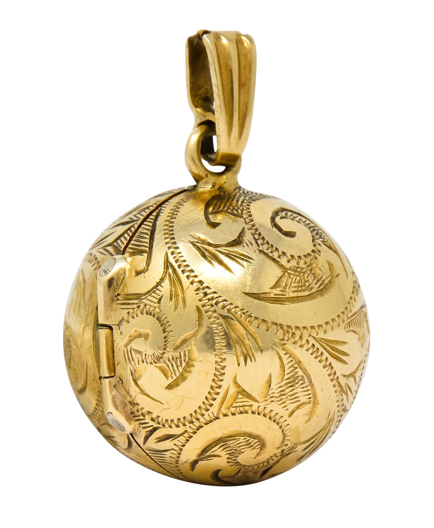 Women's or Men's British Victorian 9 Karat Yellow Gold Engraved Ball Locket Pendant